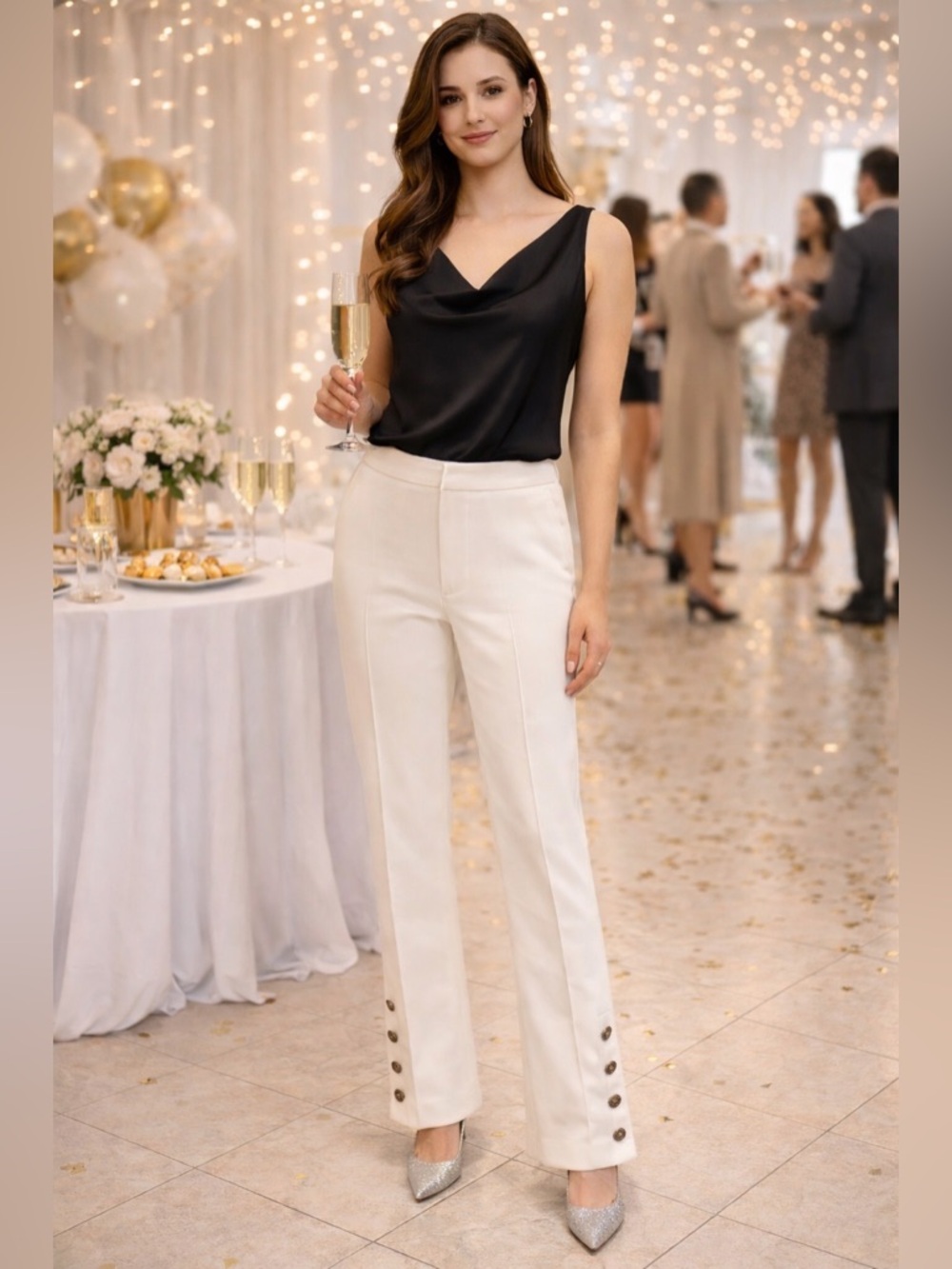 NWT Aqua White Women's Trousers with Side Button Accents - Size M